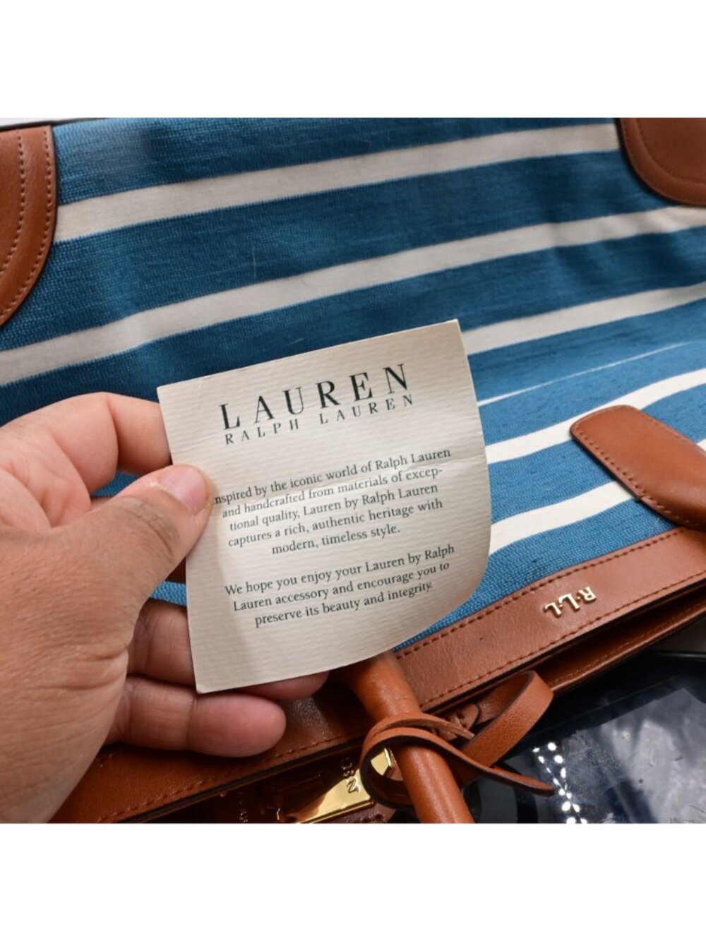 Lauren Ralph Lauren Fairfield City Striped Canvas Tote Bag Tan Leather Trim - Picture 7 of 16